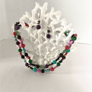 Earring Necklace Set Beaded Stones 2 Strand  Pierced Red Black Purple Green
